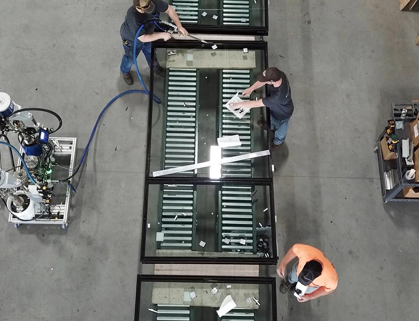 An overhead view of a fabrication shop